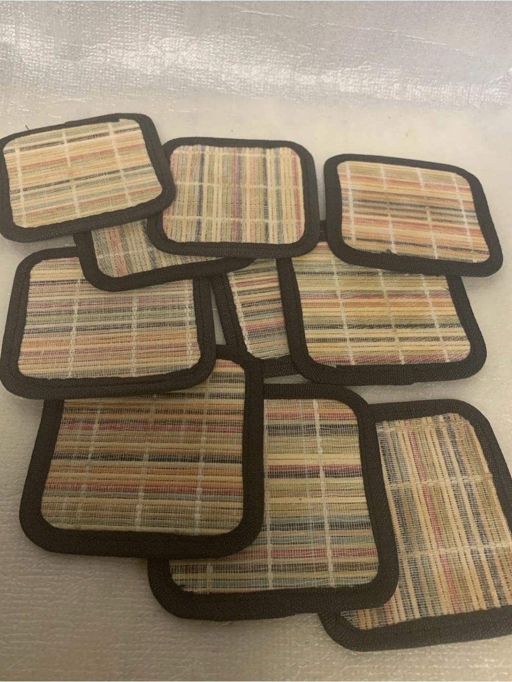 Neutral Multi-Stripe Woven Square Coasters with Black Trim - Set of 10